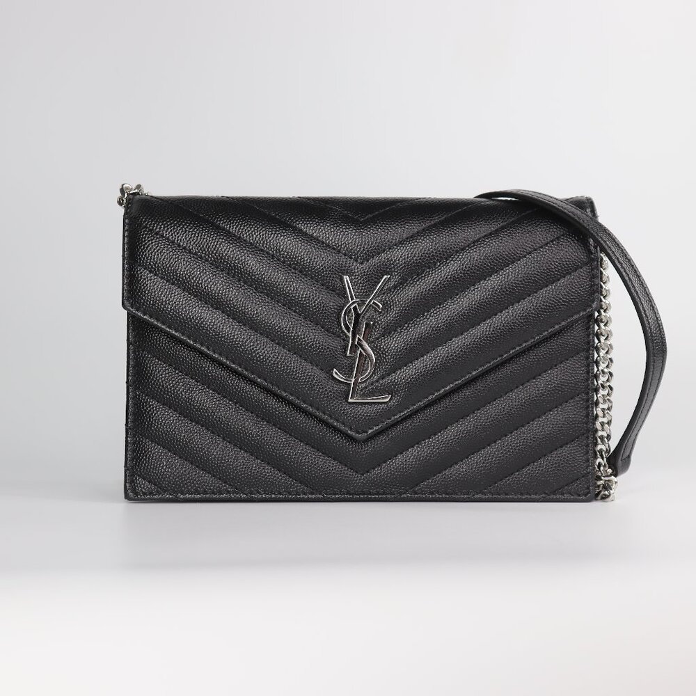 Saint Laurent Grain De Poudre Matelasse Chevron Monogram Envelope Chain Wallet B